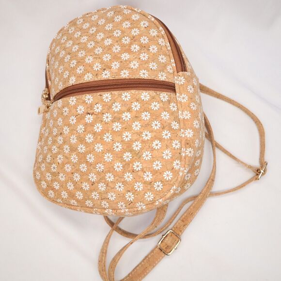 Corkcho Cork Fabric Backpack Purse Adjustable Straps Bag Tan w/ Daisys - Picture 6 of 10